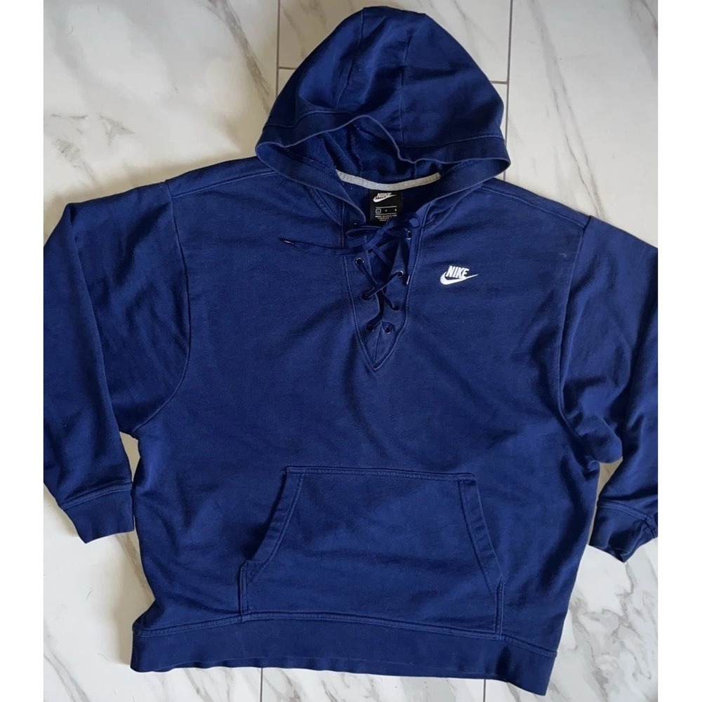 Nike Lace-Up Oversized Hoodie Womens L Navy Blue Relaxed Fit Pullover Sweatshirt